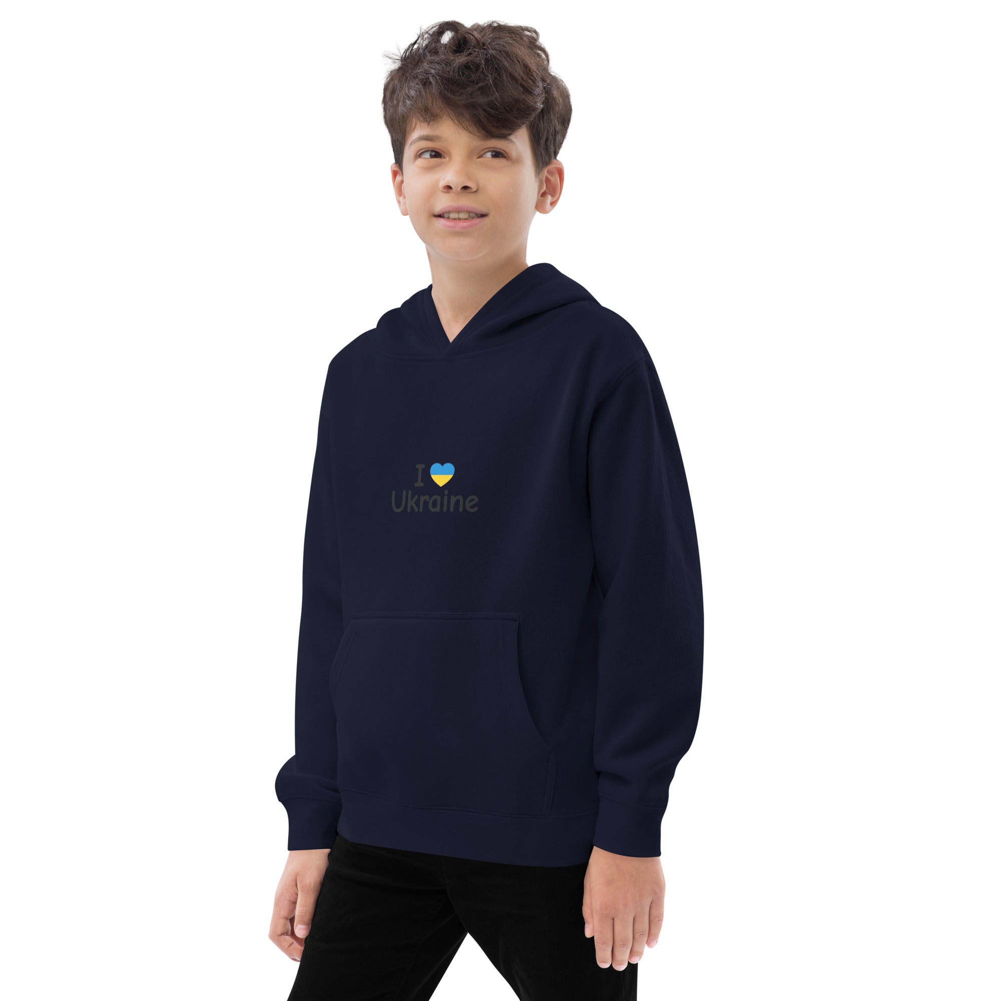 Child wearing a navy blue kids fleece hoodie with "I Love Ukraine" design, featuring a heart graphic, cozy and comfortable fit.