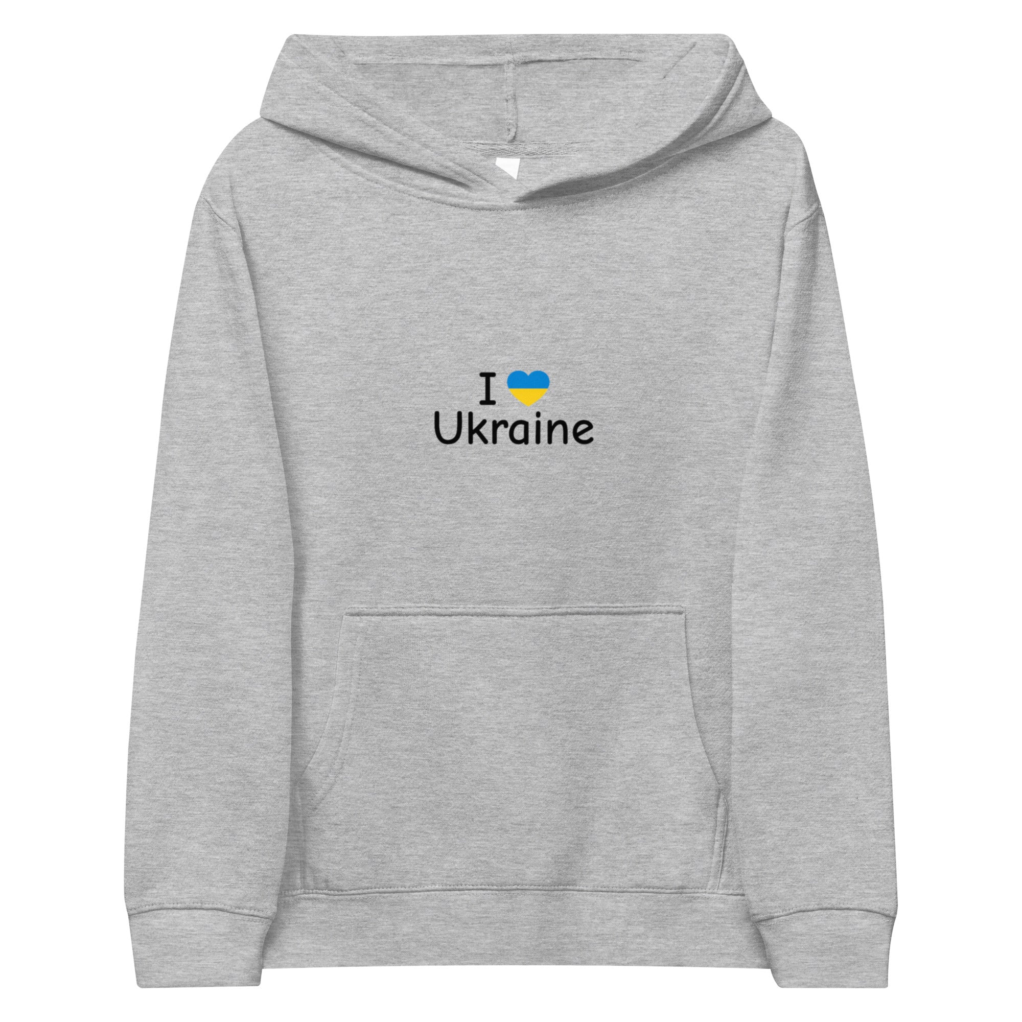 Kids fleece hoodie with "I Love Ukraine" design, soft and cozy, durable cotton-polyester blend, perfect for adventures.