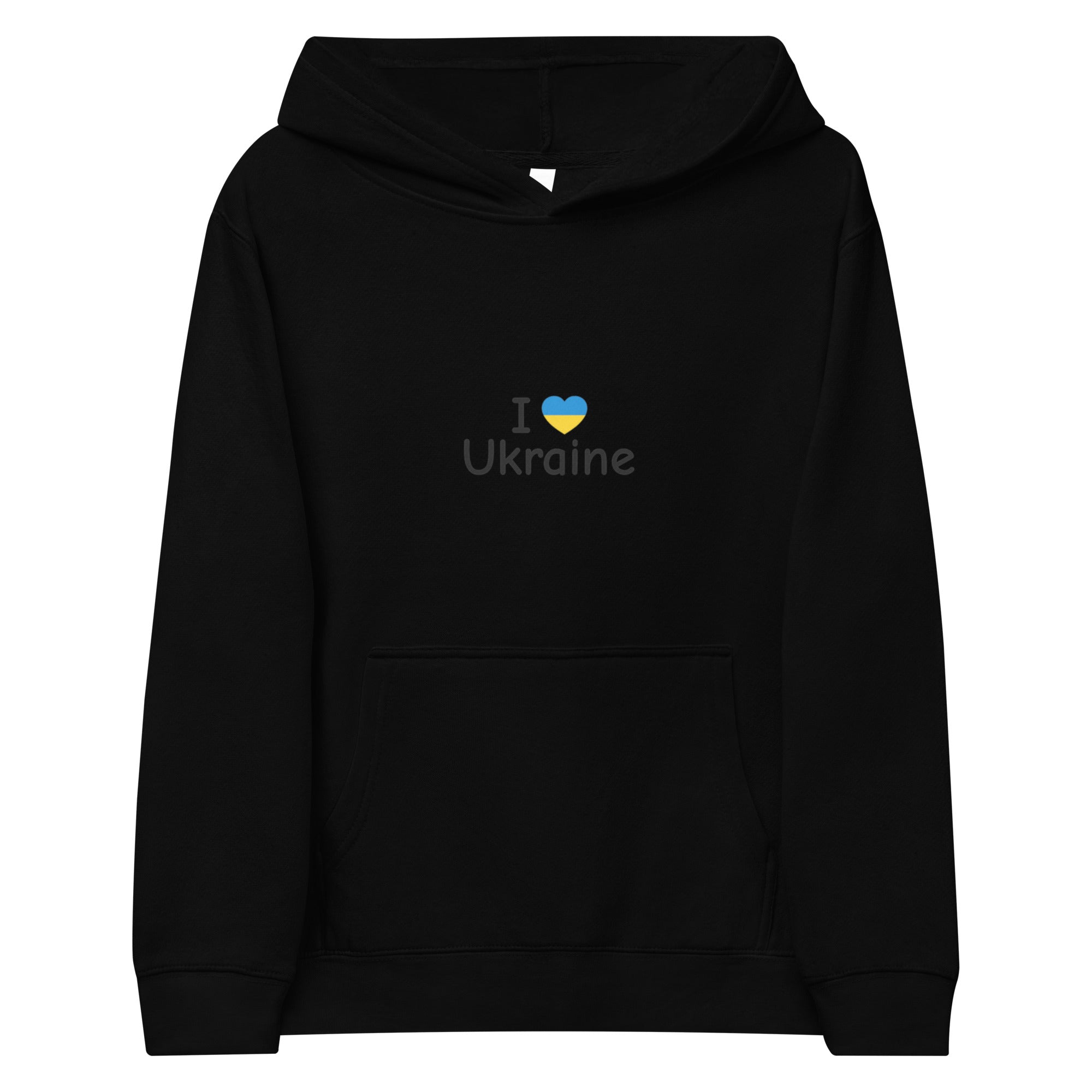 Kids fleece hoodie with 'I Love Ukraine' text and heart, black, cozy and durable material, perfect for children's adventures.