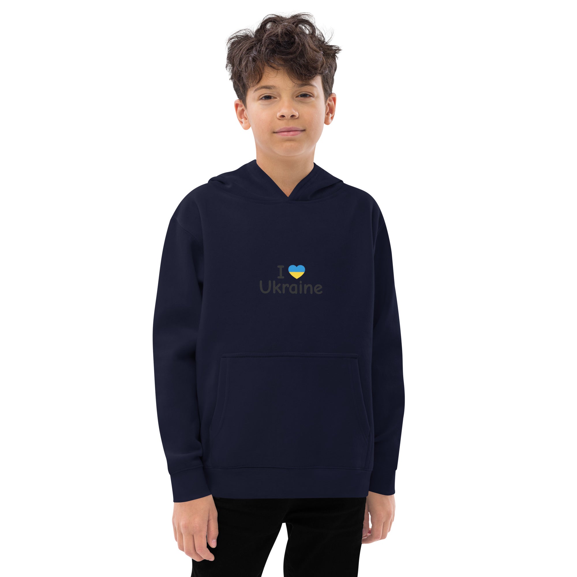 Kid wearing navy blue "I Love Ukraine" fleece hoodie with heart design, perfect for comfort and durability on everyday adventures.