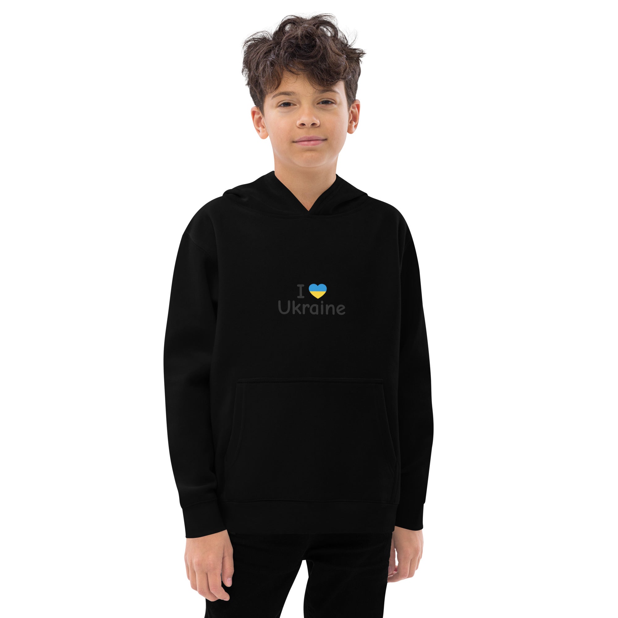 Child wearing black kids fleece hoodie with "I Love Ukraine" text and heart design, showcasing comfort and style.