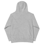 Gray kids fleece hoodie, back view, featuring elastic cuffs and waistband for durability, perfect for adventurous children.