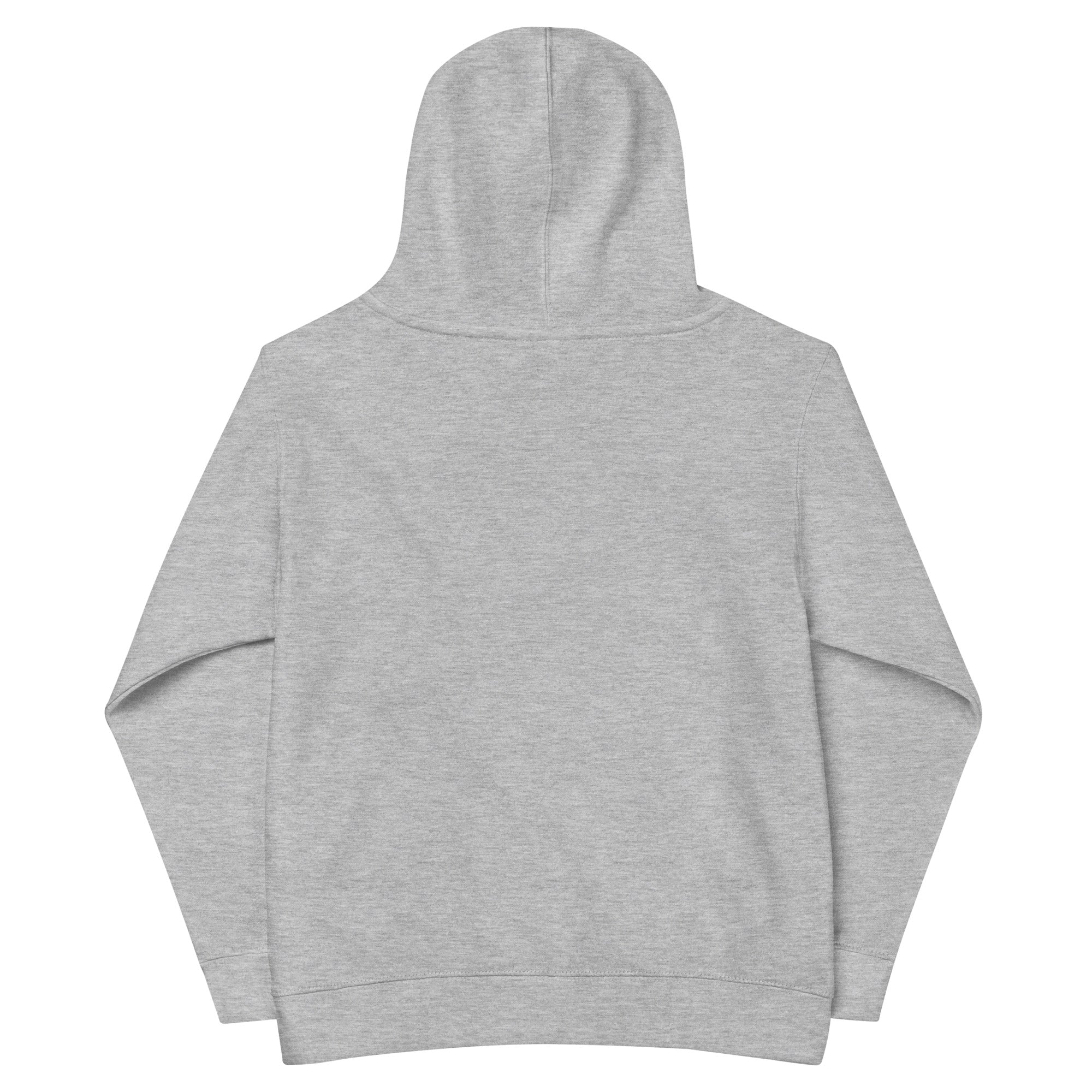Gray kids fleece hoodie, back view, featuring elastic cuffs and waistband for durability, perfect for adventurous children.