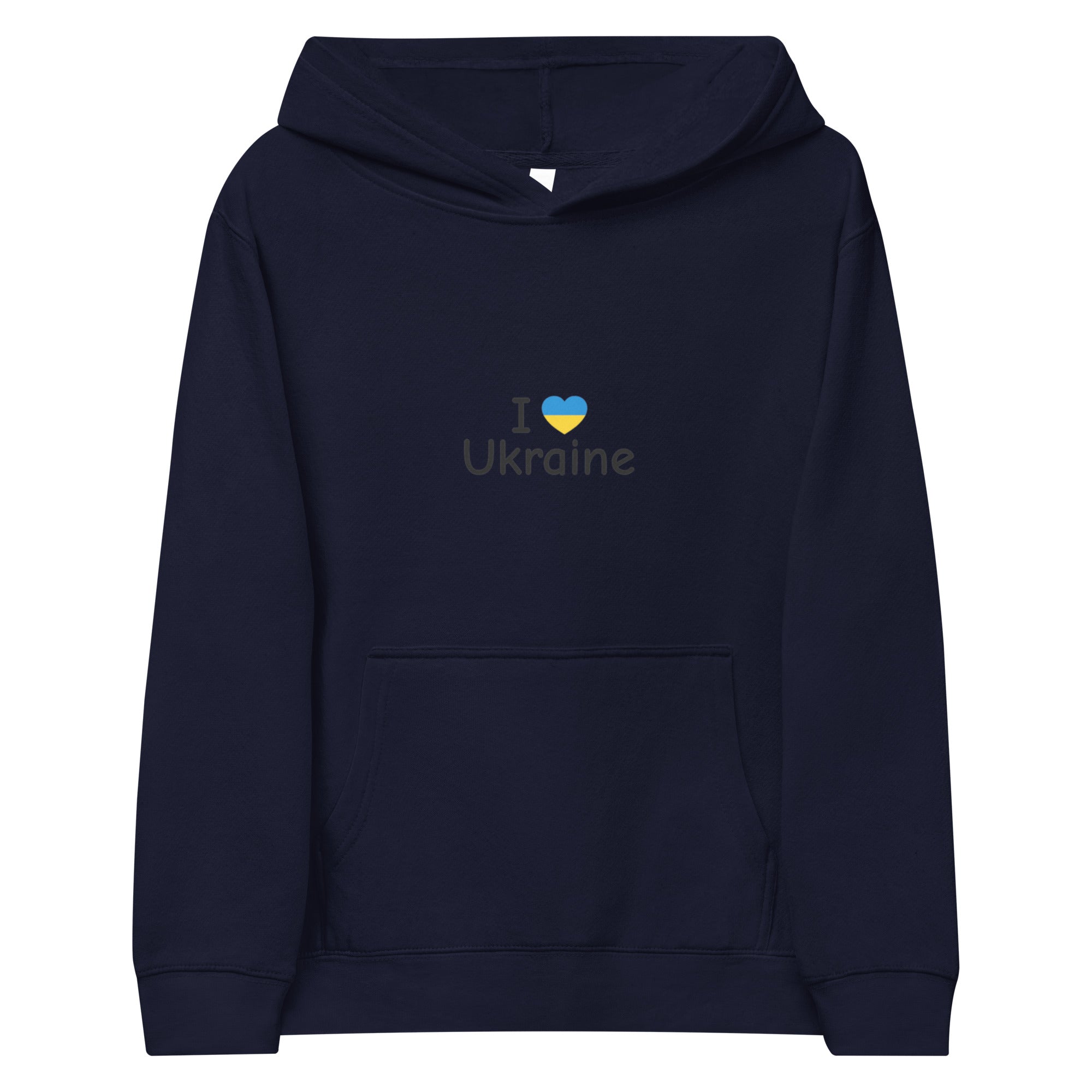 Kids fleece hoodie with "I Love Ukraine" design, navy color, cozy and durable with elastic cuffs and waistband, 65% cotton, 35% polyester.