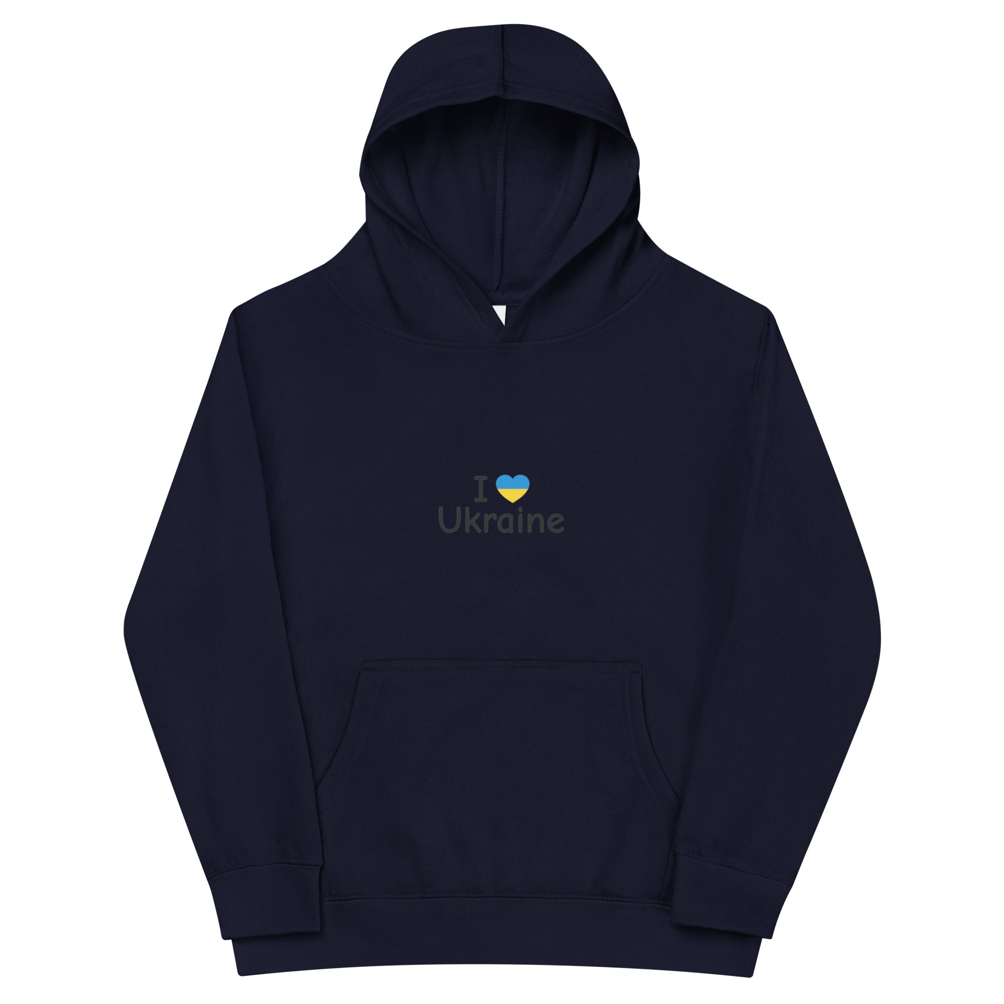 Navy kids fleece hoodie with "I Love Ukraine" design, featuring a heart and text. Soft, durable, and perfect for adventures.