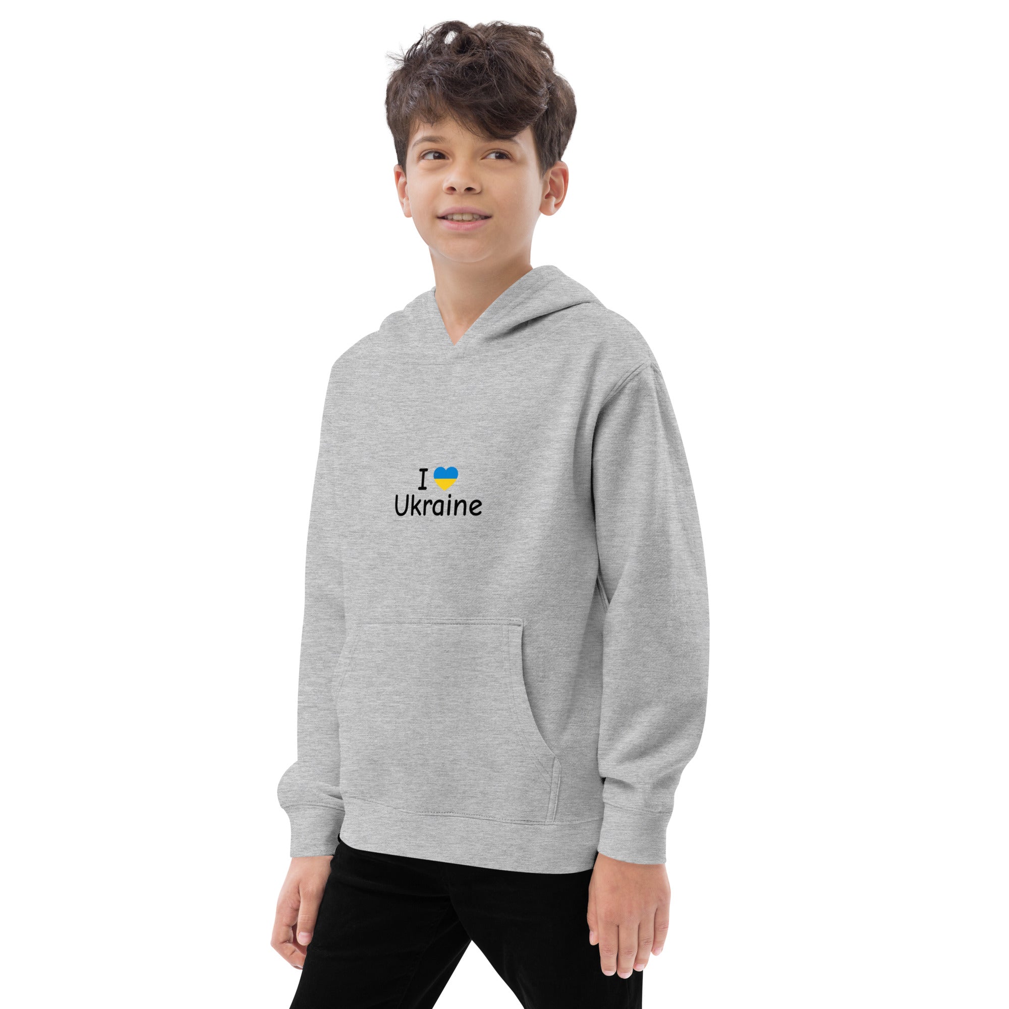 Kid wearing gray "I Love Ukraine" fleece hoodie with elastic cuffs and waistband, perfect for cozy adventures.