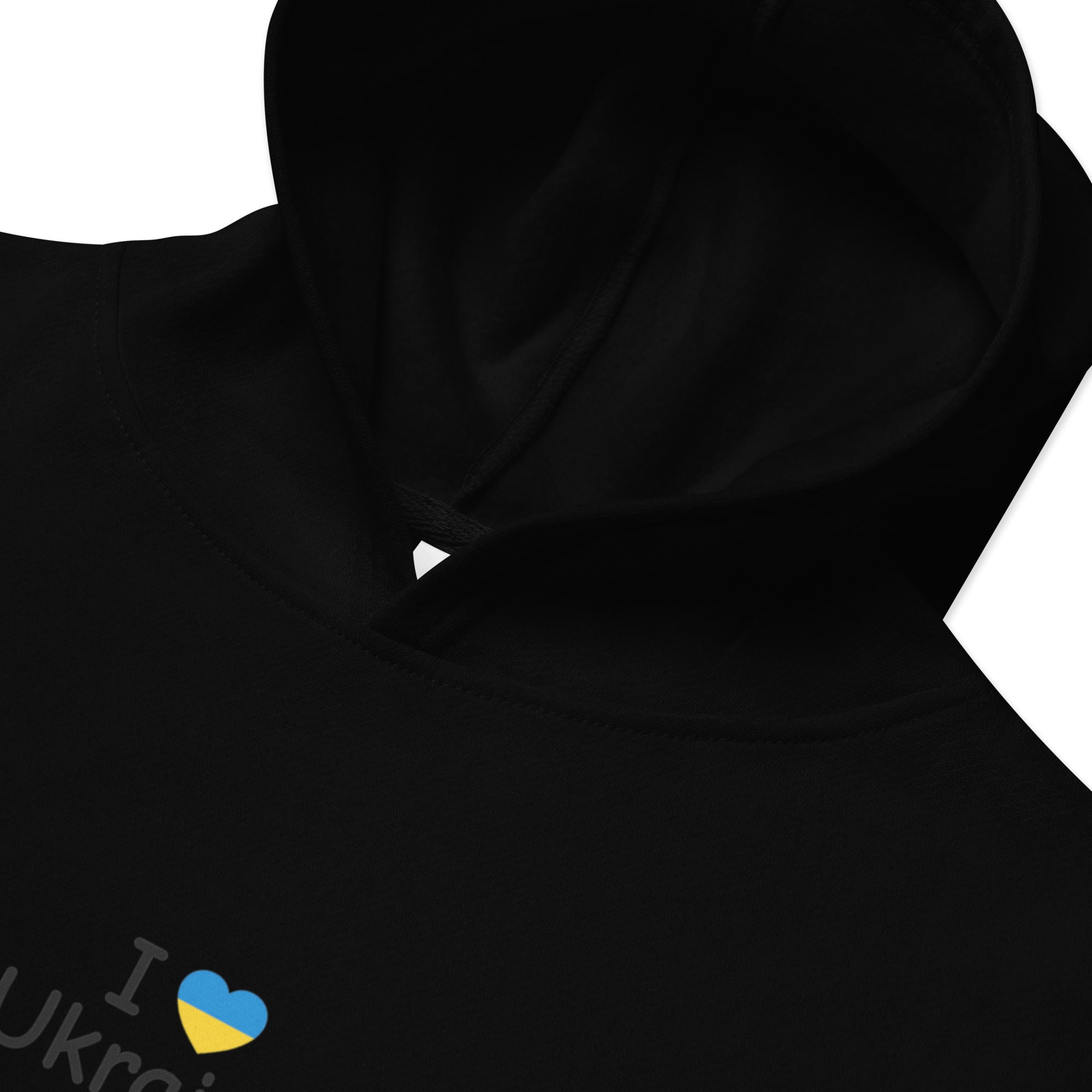 Kids fleece hoodie with "I Love Ukraine" text and heart graphic on a black background.