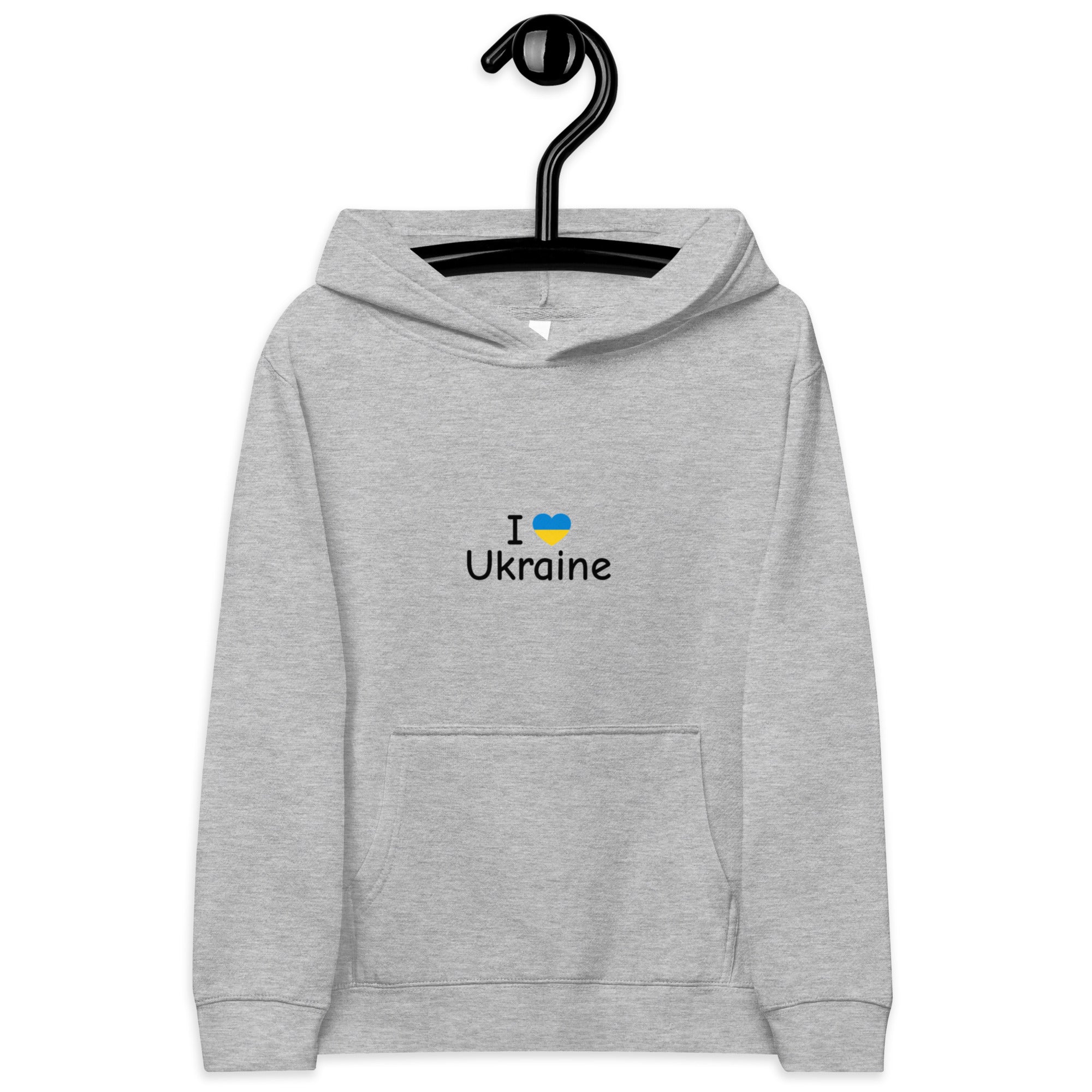 Kids fleece hoodie with "I Love Ukraine" design, soft grey color, featuring elastic cuffs and waistband for durability and comfort.