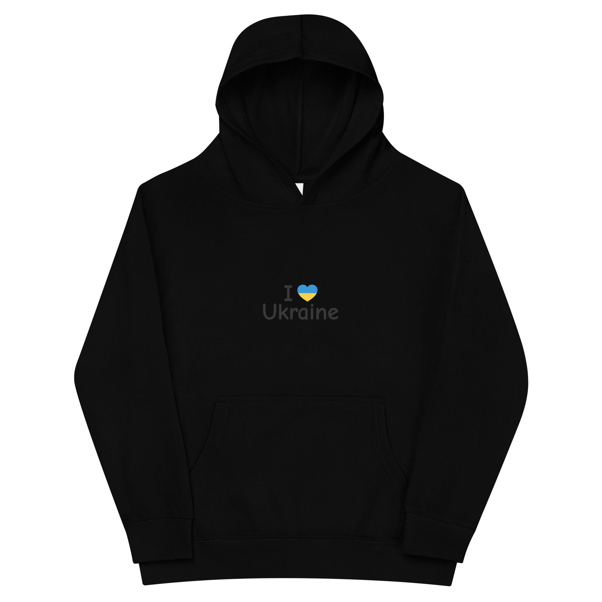 Kids fleece hoodie with "I Love Ukraine" text and heart design, featuring elastic cuffs and waistband for comfort and durability.