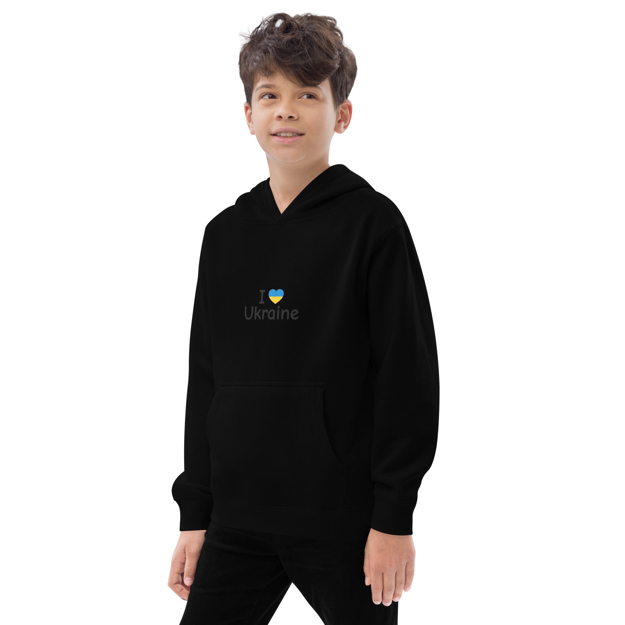 Boy wearing a kids fleece hoodie with "I Love Ukraine" design, featuring soft fabric and elastic cuffs for comfort and durability.