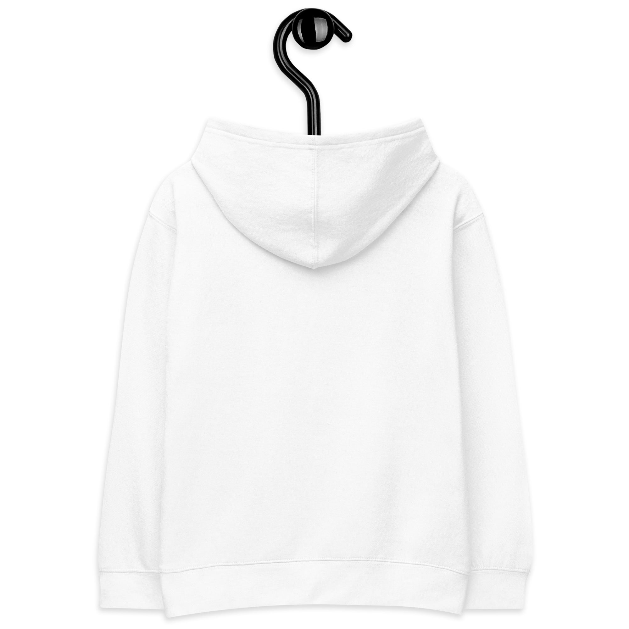 Kids fleece hoodie in white, back view on hanger, soft and cozy material, elastic cuffs and waistband for durability.