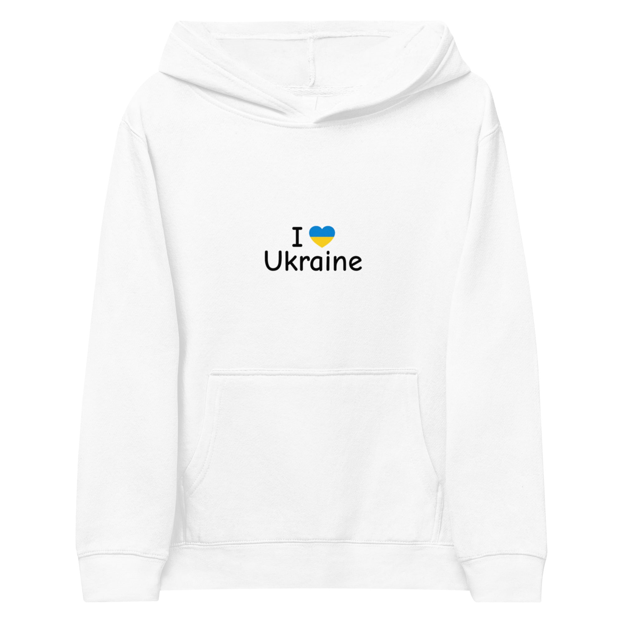 Kids white fleece hoodie with "I Love Ukraine" text and heart design in blue and yellow, featuring elastic cuffs and waistband.