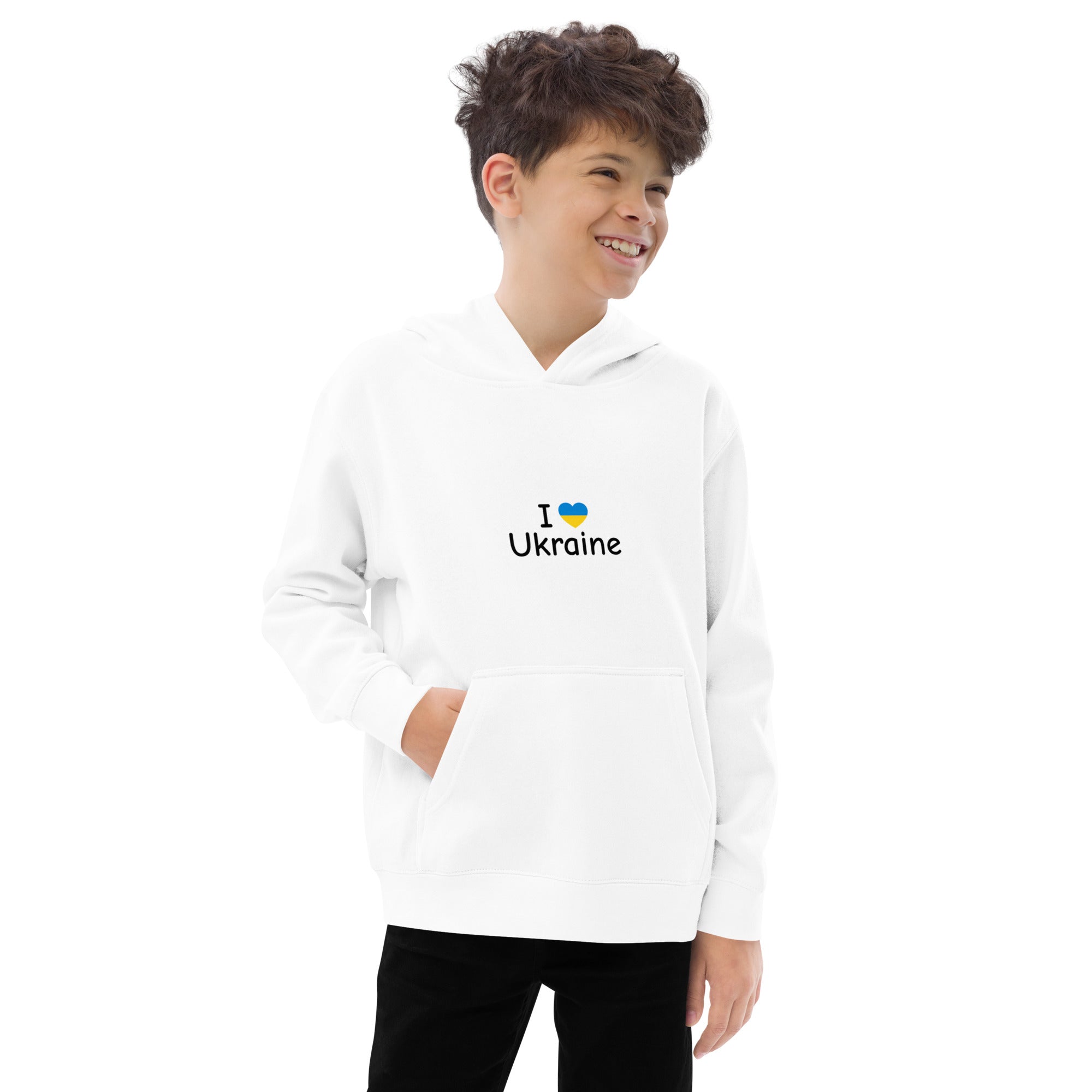 Young boy wearing a white "I Love Ukraine" kids fleece hoodie with pocket, showcasing soft, cozy, and durable fashion.