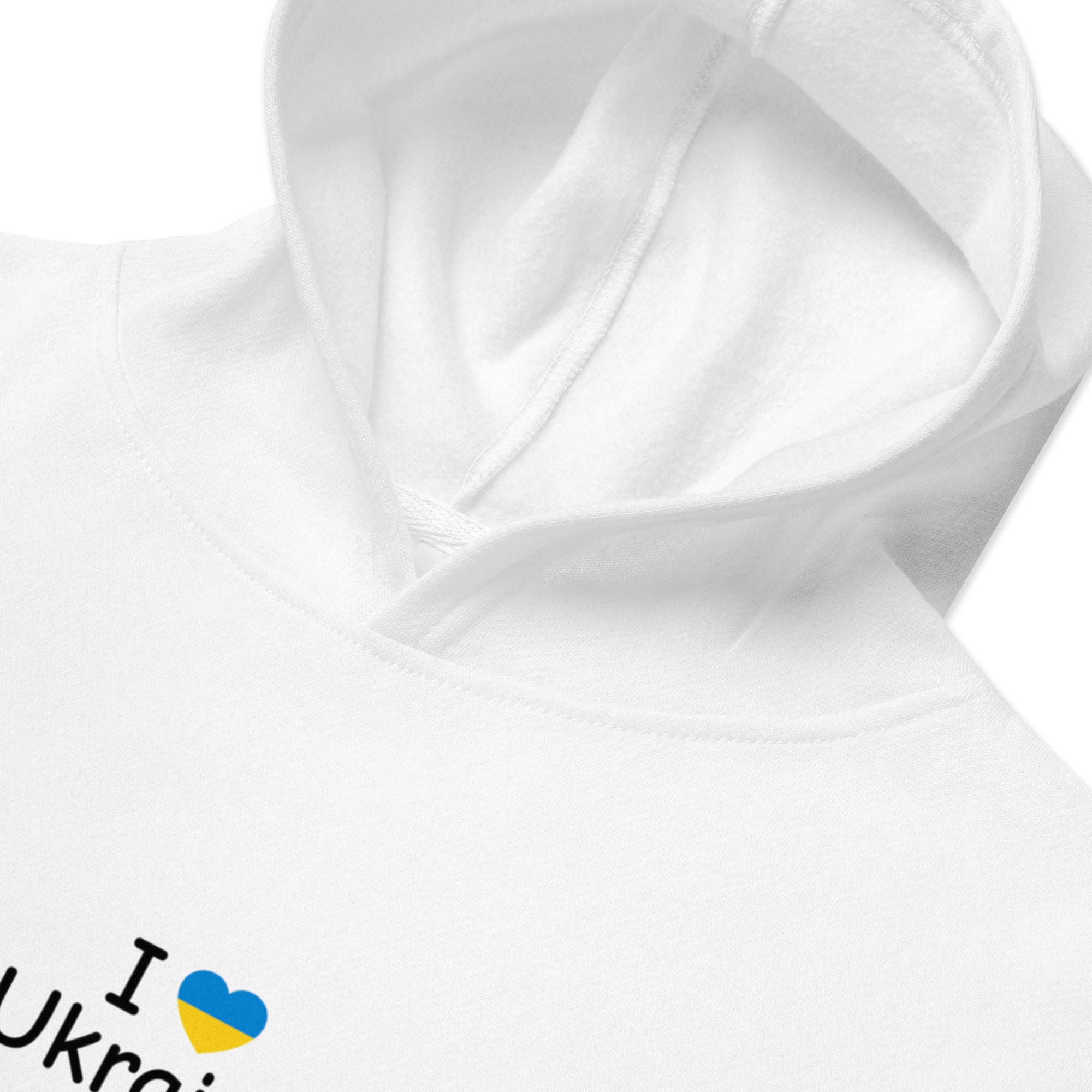 Kids fleece hoodie with "I Love Ukraine" design, featuring a heart and flag graphic on a soft white fabric.
