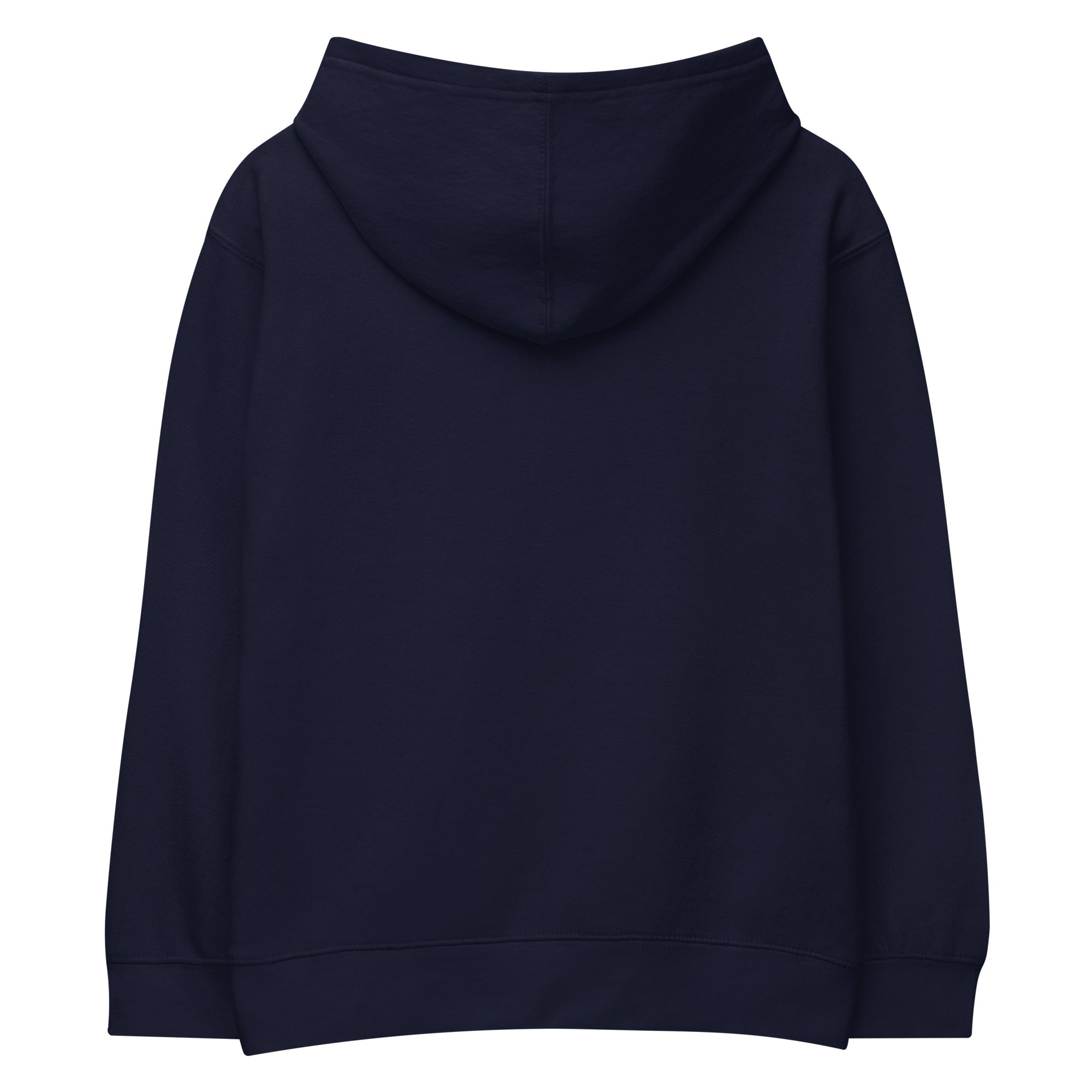 Kids navy fleece hoodie back view with hood and durable material, perfect for adventures.