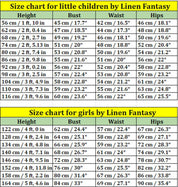 Size chart for little children and girls by Linen Fantasy, detailing measurements for height, bust, waist, and hips.