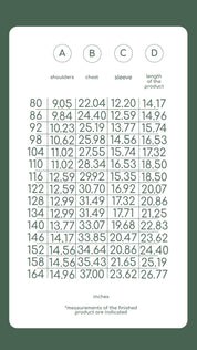 Children's shirt size chart with shoulder, chest, sleeve, and product length measurements in inches.