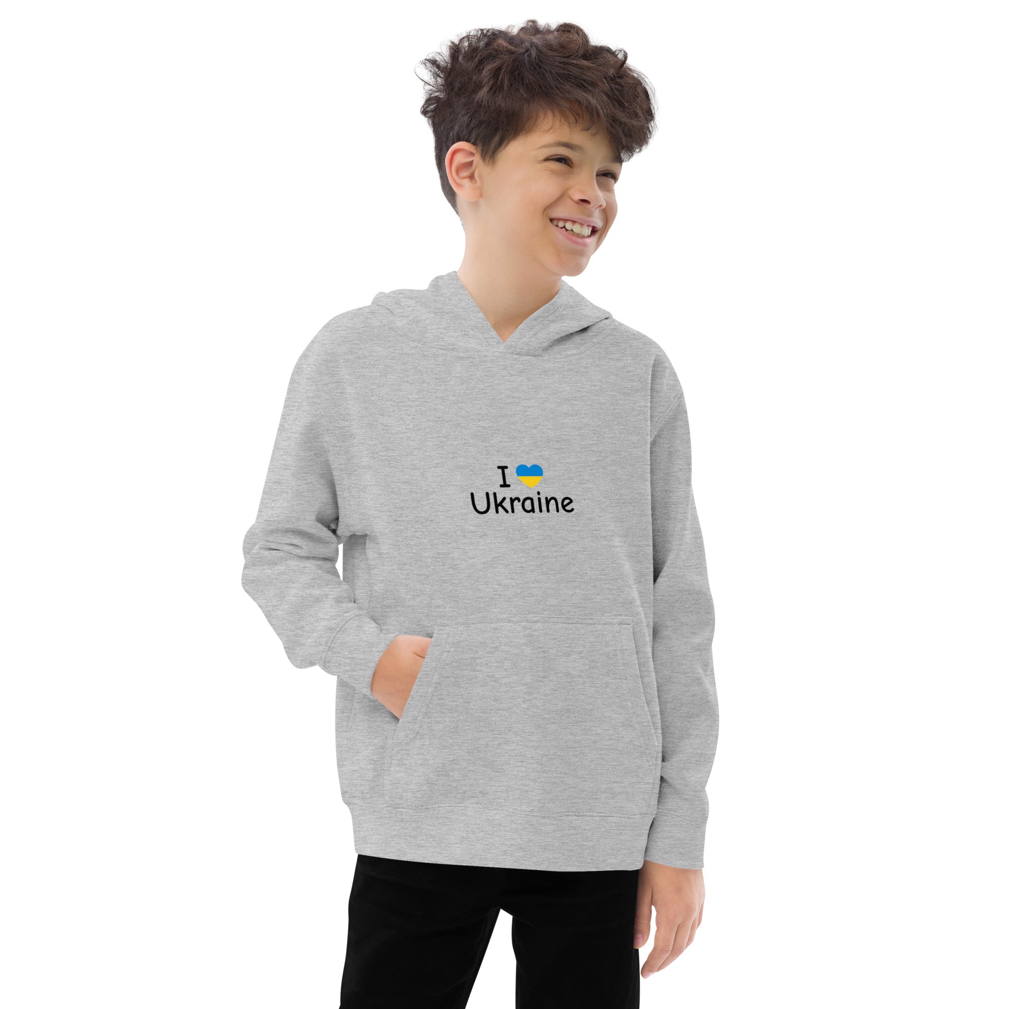 Boy wearing gray kids fleece hoodie with "I Love Ukraine" design featuring a heart and flag, showcasing comfort and style.