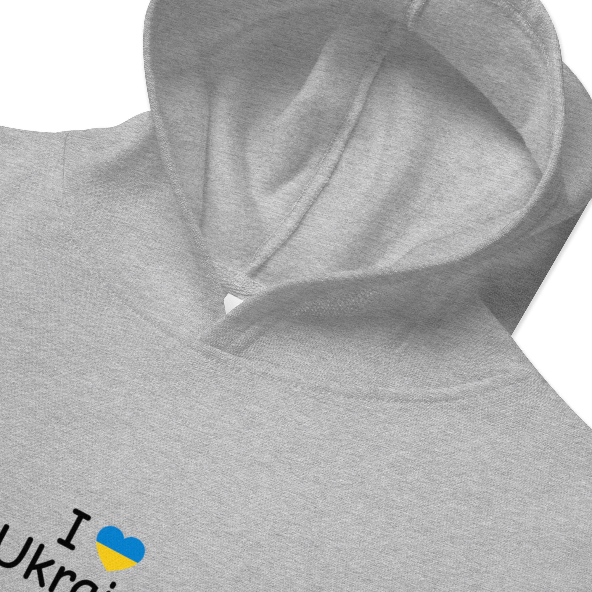 Kids Fleece Hoodie with "I Love Ukraine" design, showcasing soft, durable fabric and cozy hood, perfect for children's adventures.