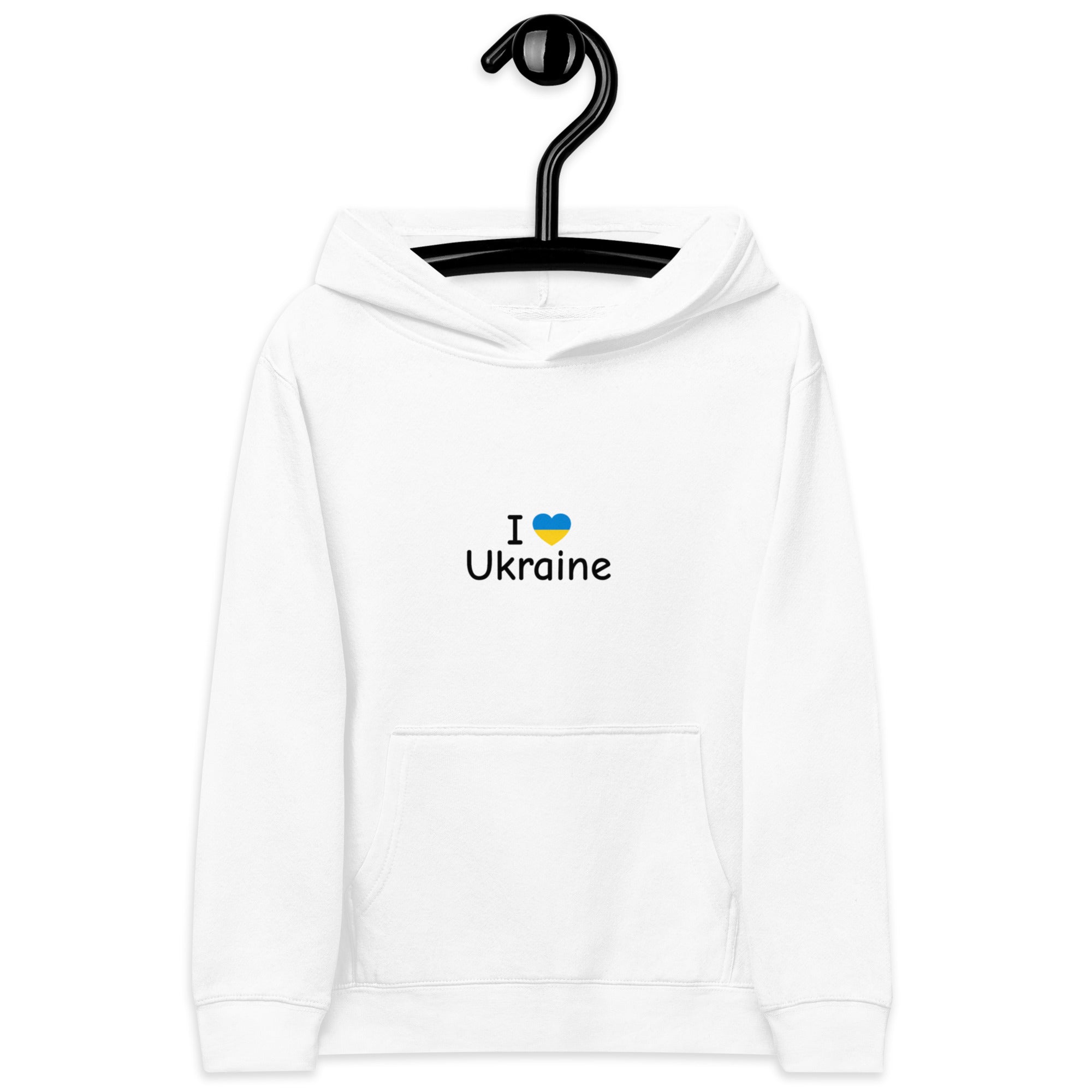 Kids fleece hoodie with "I Love Ukraine" design, soft and cozy, durable cotton-poly blend, elastic cuffs, ideal for children's adventures.