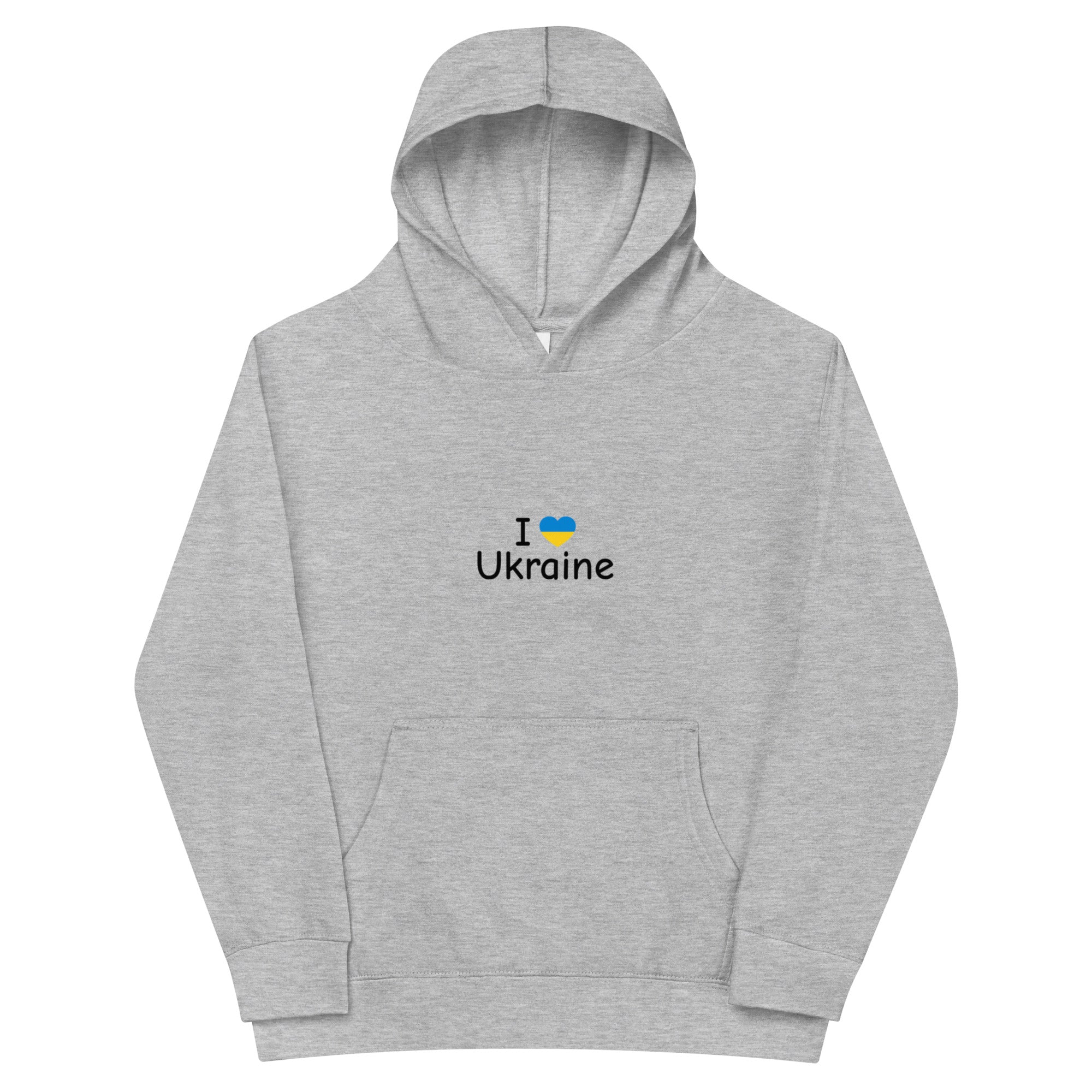 Kids fleece hoodie with "I Love Ukraine" text and heart design, soft gray fabric, elastic cuffs, cozy and durable for all adventures.