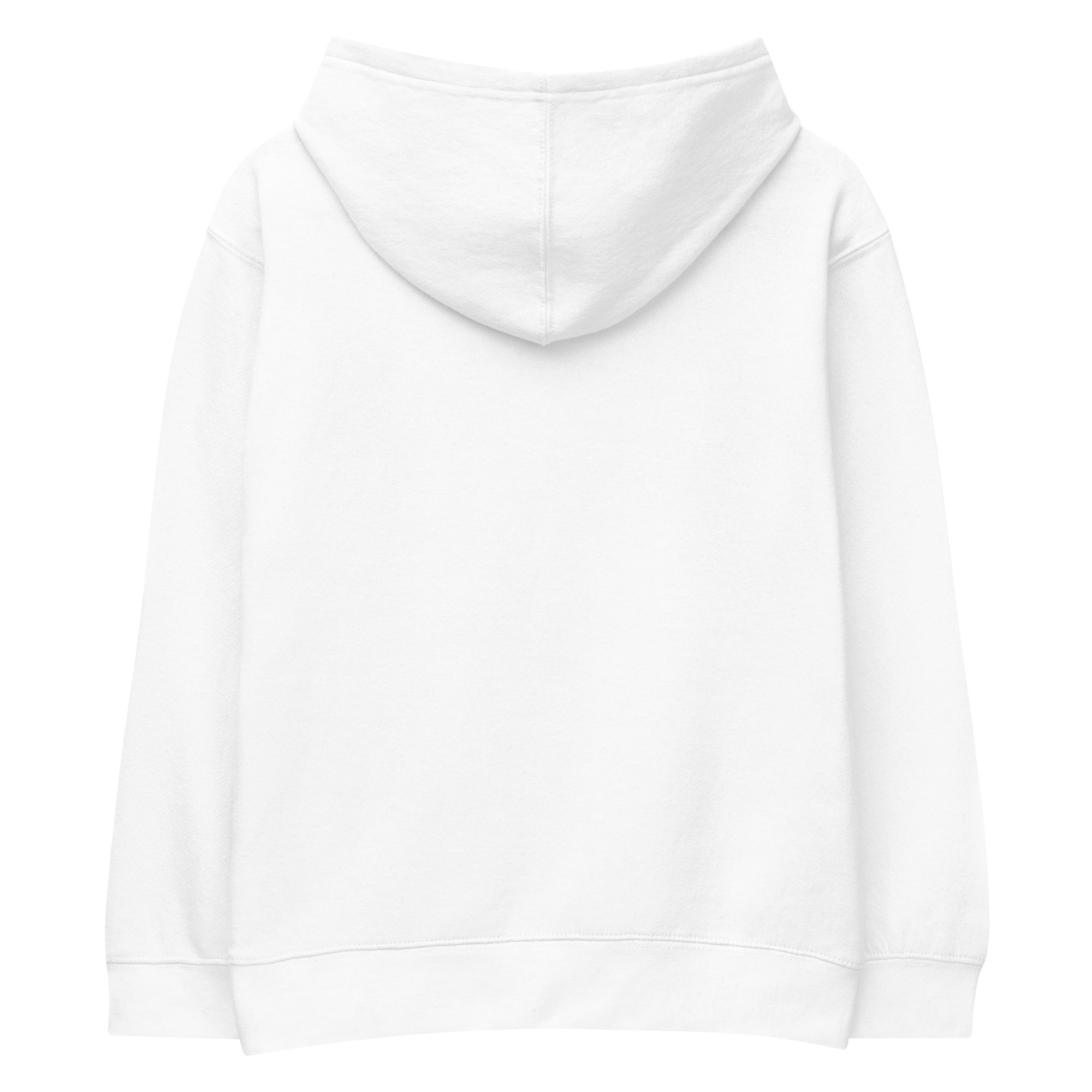 Kids white fleece hoodie, back view, soft cozy material, perfect for any adventure, durable with elastic cuffs and waistband.
