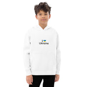 Kids fleece hoodie with "I Love Ukraine" design, durable and cozy with elastic cuffs, perfect for everyday adventures.