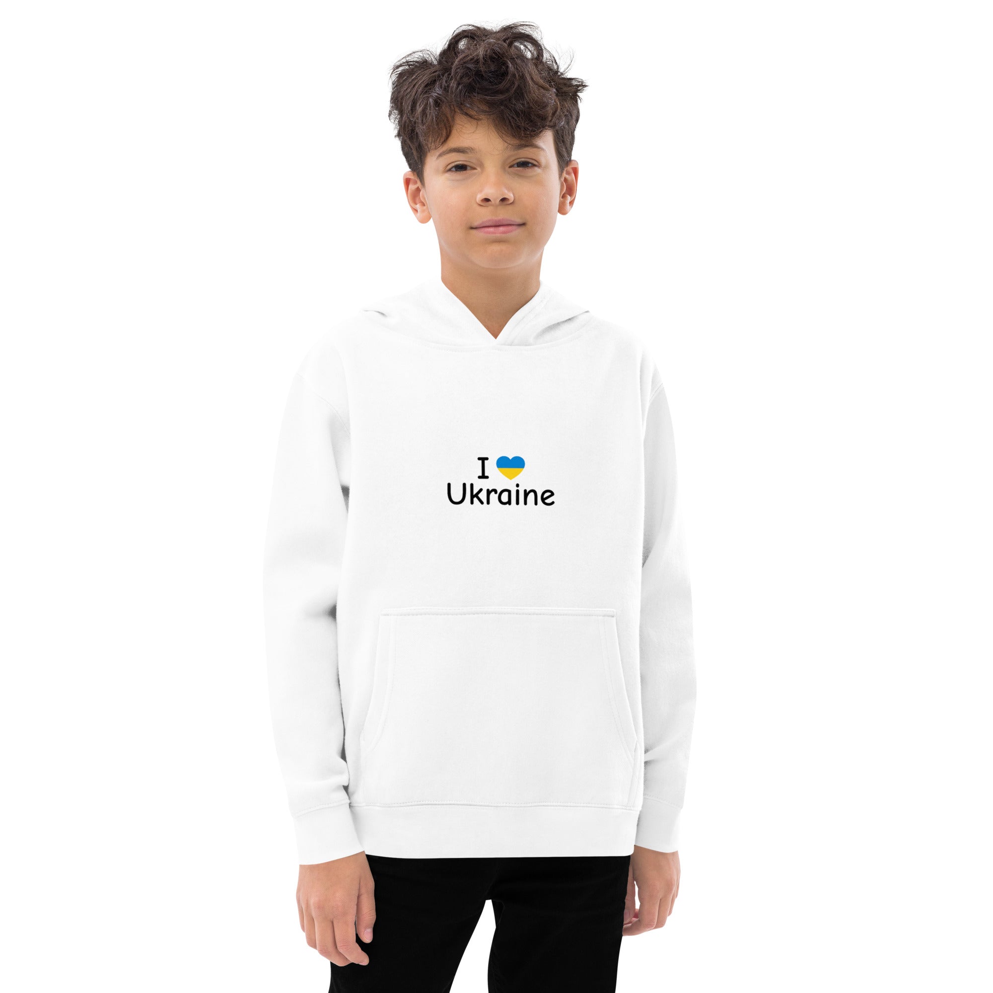 Kids fleece hoodie with "I Love Ukraine" design, durable and cozy with elastic cuffs, perfect for everyday adventures.