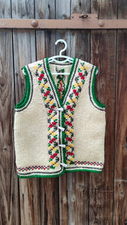 Knitted folk vest for kids, unisex sleeveless cardigan with colorful embroidery, made from 100% sheep wool, for ages 7-8 years