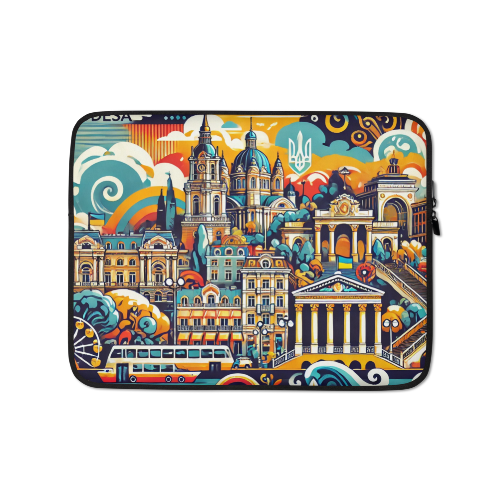 Odesa cityscape laptop sleeve with Tryzub and colorful Ukrainian design, water-resistant neoprene for 13" and 15" laptops.