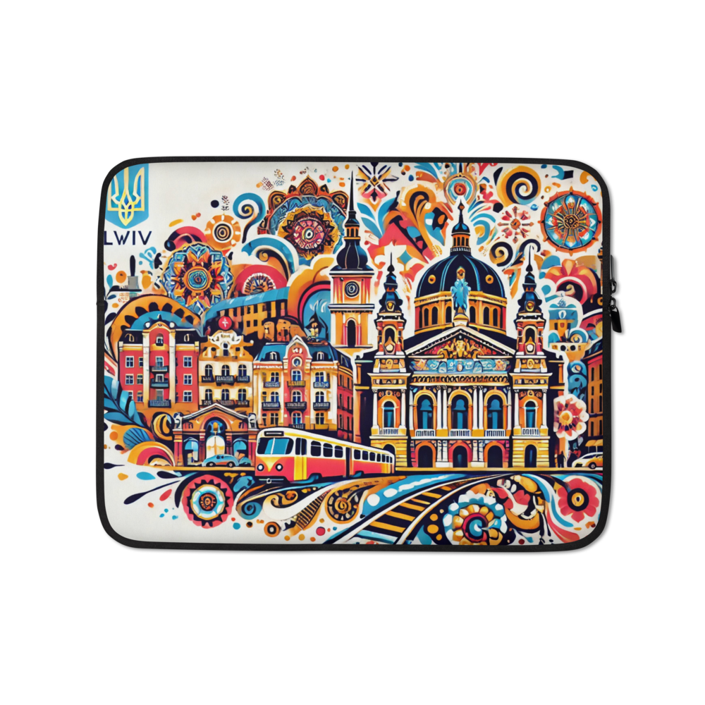 Lviv Folk Art Laptop Sleeve with Tryzub, featuring colorful architectural design and train, water-resistant neoprene case.