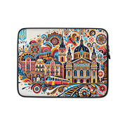 Lviv Folk Art Laptop Sleeve with Tryzub, featuring colorful architectural design and train, water-resistant neoprene case.