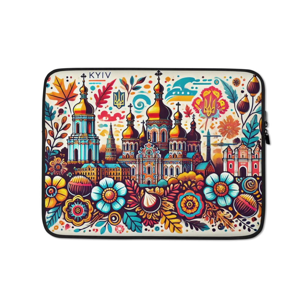 Laptop sleeve featuring Kyiv skyline with Ukrainian folk art and Tryzub emblem, vibrant floral design, water-resistant case.