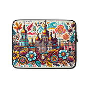 Laptop sleeve featuring Kyiv skyline with Ukrainian folk art and Tryzub emblem, vibrant floral design, water-resistant case.