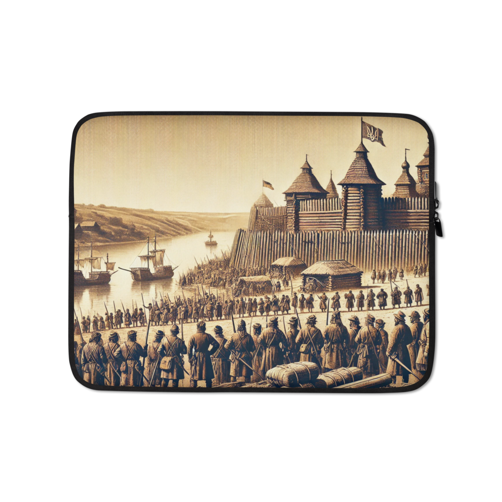 Ukrainian Cossack Fort laptop sleeve depicting historical fort motif, water-resistant case with secure zippered closure for laptops.