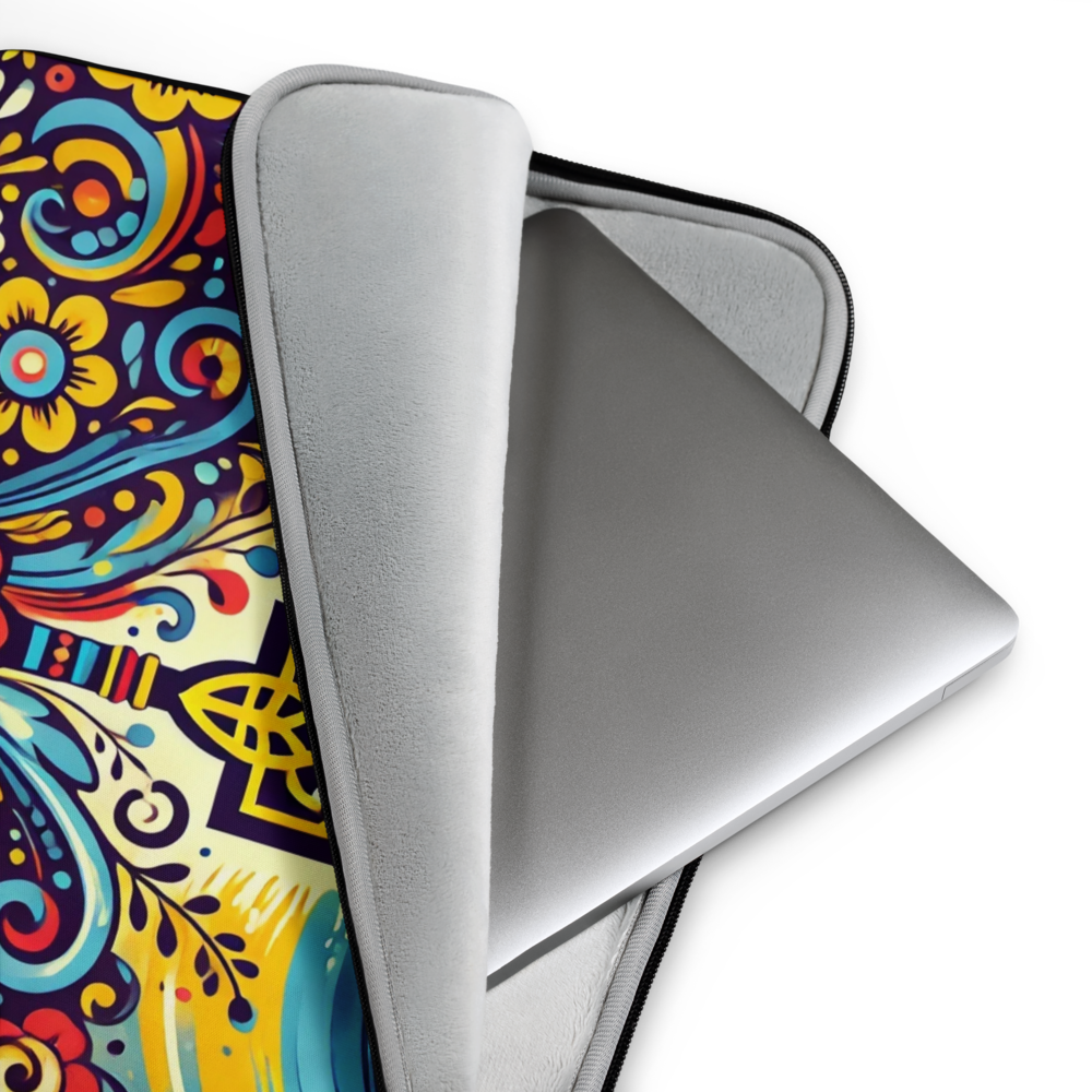 Ukrainian Folk Art Laptop Sleeve with Tryzub, neoprene material, colorful traditional design, soft faux fur lining, secure closure.