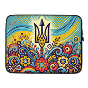 Ukrainian Folk Art laptop sleeve with colorful Tryzub emblem and floral designs, vibrant neoprene case for laptop protection.