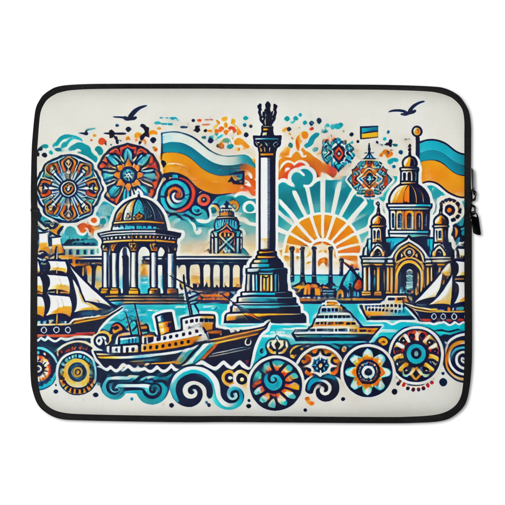 Ukrainian Crimea-themed laptop sleeve with vibrant illustration of Crimea's landmarks and symbols, showcasing national pride.