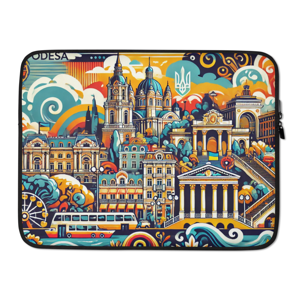 Odesa Cityscape Laptop Sleeve with Tryzub – Water-Resistant Neoprene Case with Faux Fur Lining for 13" & 15" Laptops