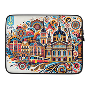 Lviv folk art laptop sleeve featuring colorful buildings and Tryzub symbol, water-resistant, neoprene material for laptops.
