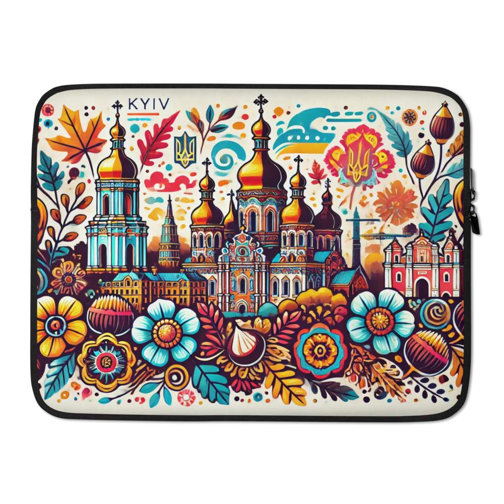 Kyiv folk art laptop sleeve featuring vibrant Tryzub design and traditional Ukrainian patterns on a water-resistant case.