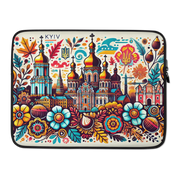 Kyiv folk art laptop sleeve featuring vibrant Tryzub design and traditional Ukrainian patterns on a water-resistant case.