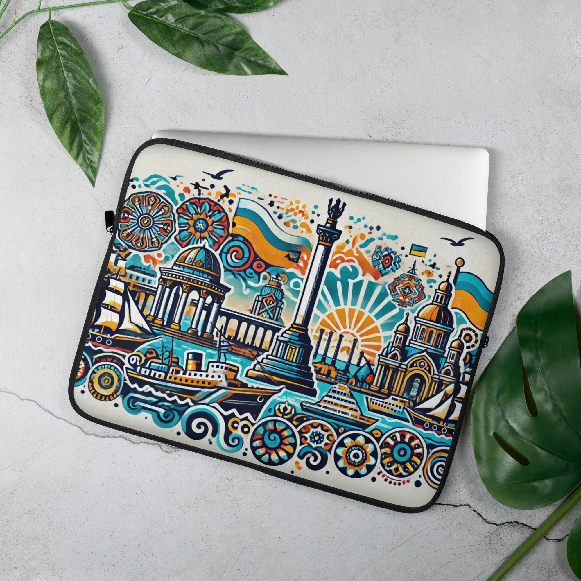 Ukrainian Crimea laptop sleeve with 'Krym Nash!' design, featuring colorful artwork and neoprene material for protection.