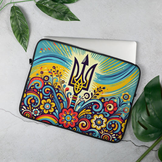 Ukrainian Folk Art Laptop Sleeve with Tryzub – Water-Resistant Neoprene Case with Faux Fur Lining for 13" & 15" Laptops