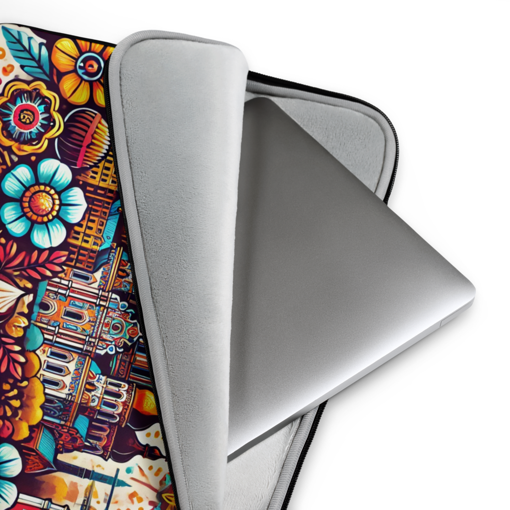 "Kyiv Folk Art Laptop Sleeve with Tryzub, water-resistant neoprene case with floral design, open to reveal a laptop"