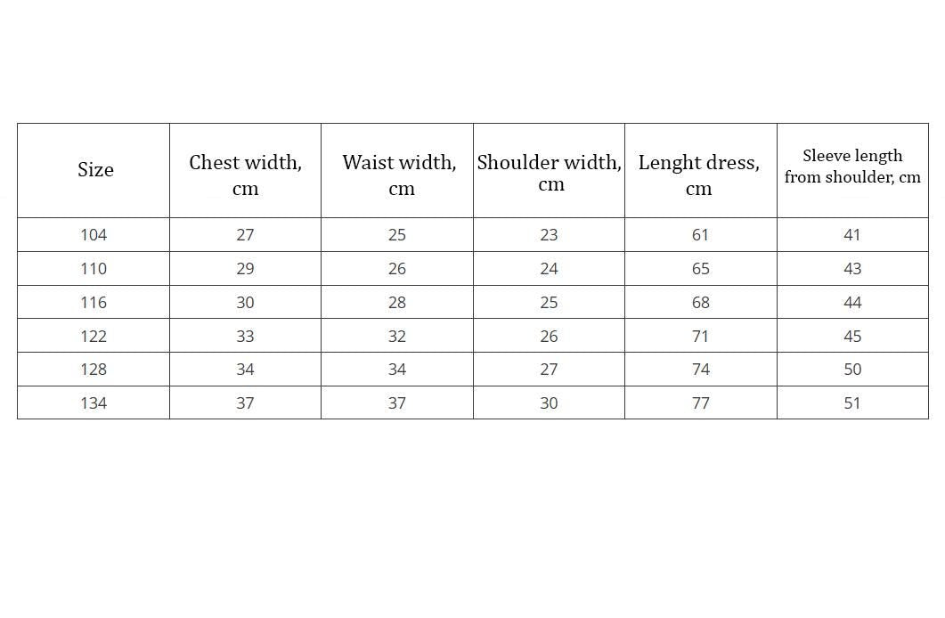 Size chart for Ukrainian Vyshyvanka kids dress, detailing measurements in cm for chest, waist, shoulder, dress length, and sleeve.
