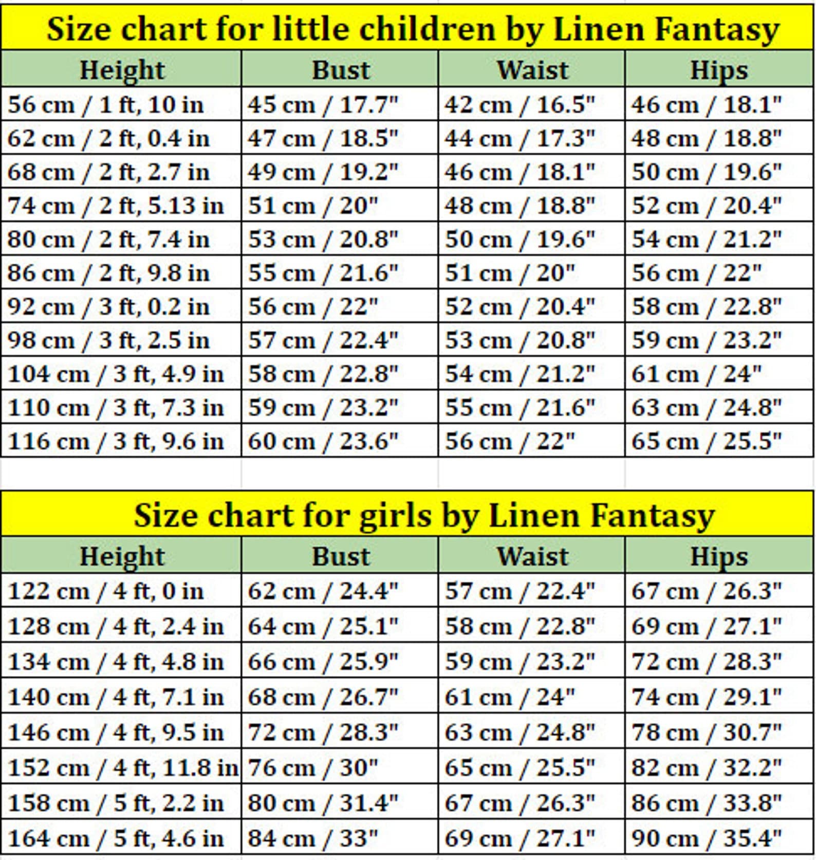 Size chart for little children and girls by Linen Fantasy, including height, bust, waist, and hips measurements in cm and inches.