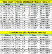 Size chart for little children and girls by Linen Fantasy, including height, bust, waist, and hips measurements in cm and inches.
