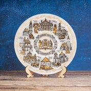 Lviv bronze-style porcelain wall plate with landmarks and wooden stand, 20cm decorative souvenir.