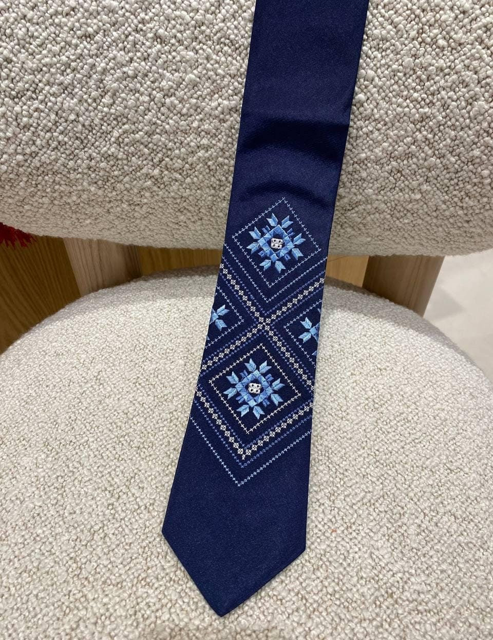 Men's blue embroidered tie with Ukrainian folk ornament on a textured fabric, perfect gift for him, ethnic style necktie.